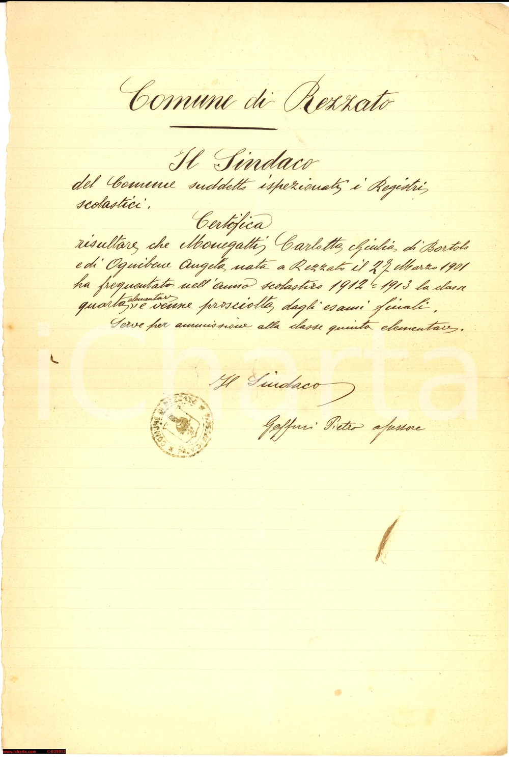 Documento originale, autentico 1913 REZZATO (BS) Carlotta MONEGATTI promossa in quinta 1