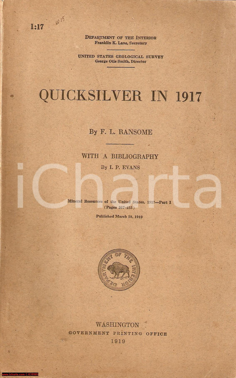 Libro, pubblicazione d epoca 1919 WASHINGTON F. L. RANSOME Quicksilver in 1917 1
