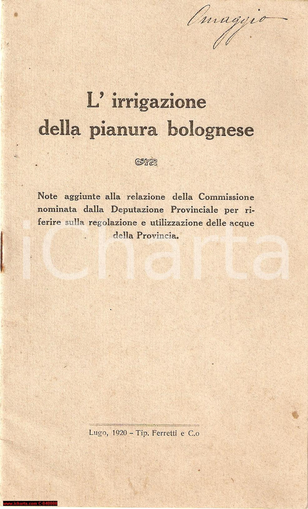 Libro, pubblicazione d epoca 1920 MEDERICO PERILLI L irrigazione della pianura bolognese  Opuscolo 1