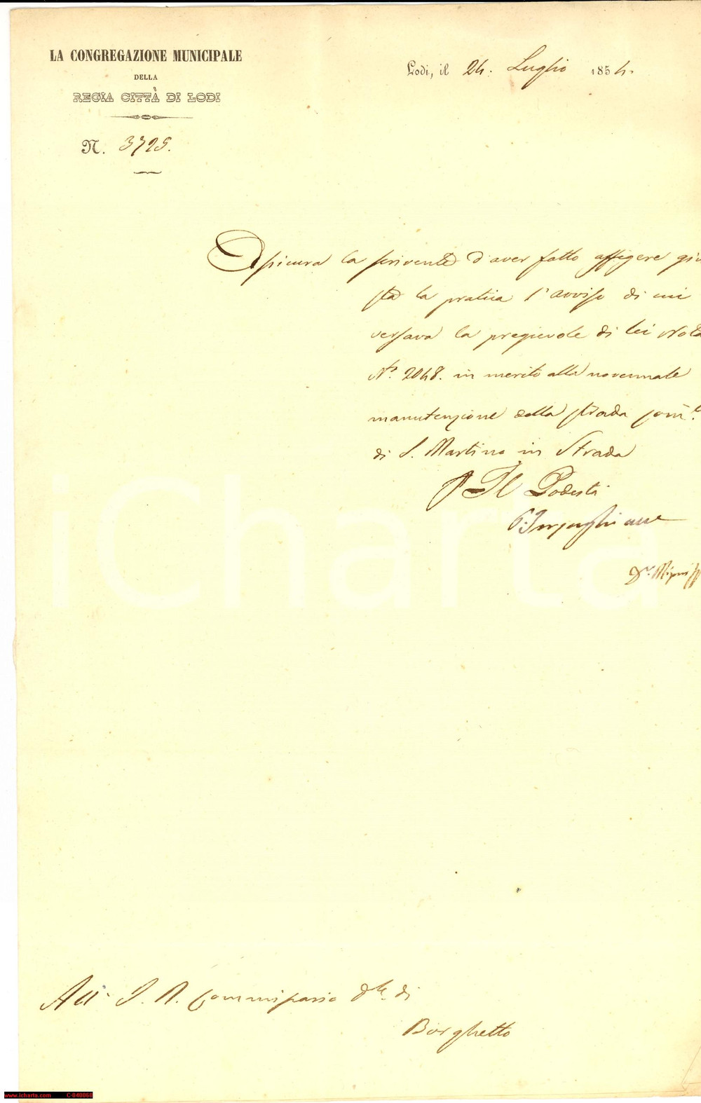 Documento originale, autentico 1854 S. MARTINO IN STRADA LO Manutenzione della strada 1