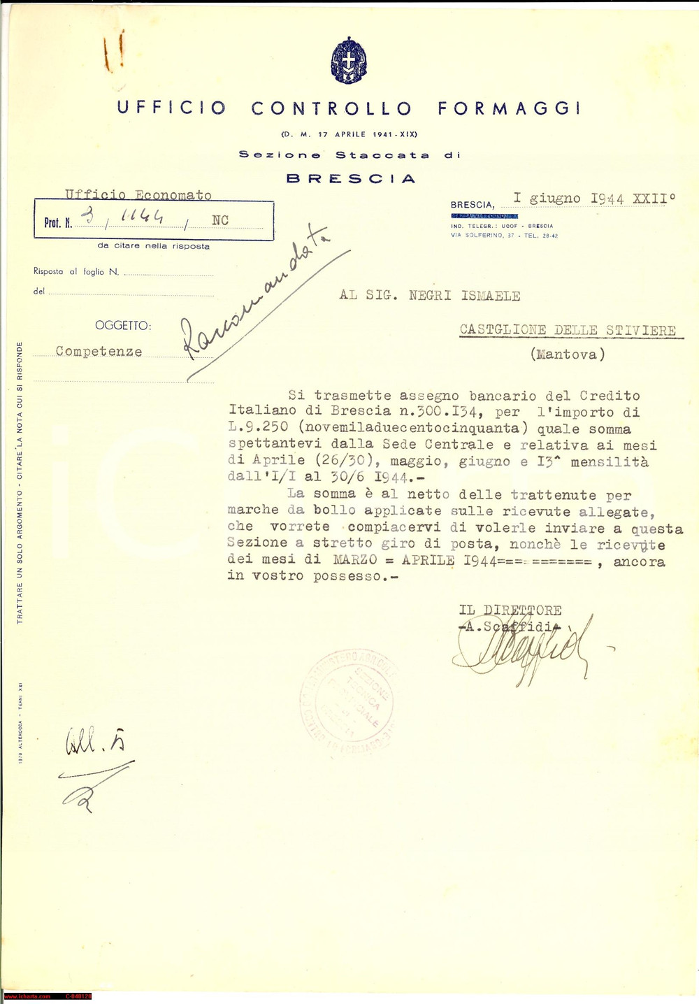 Manoscritto, lettera originale 1944 BRESCIA Ufficio Controllo Formaggi  Lettera trasmissione assegno 1