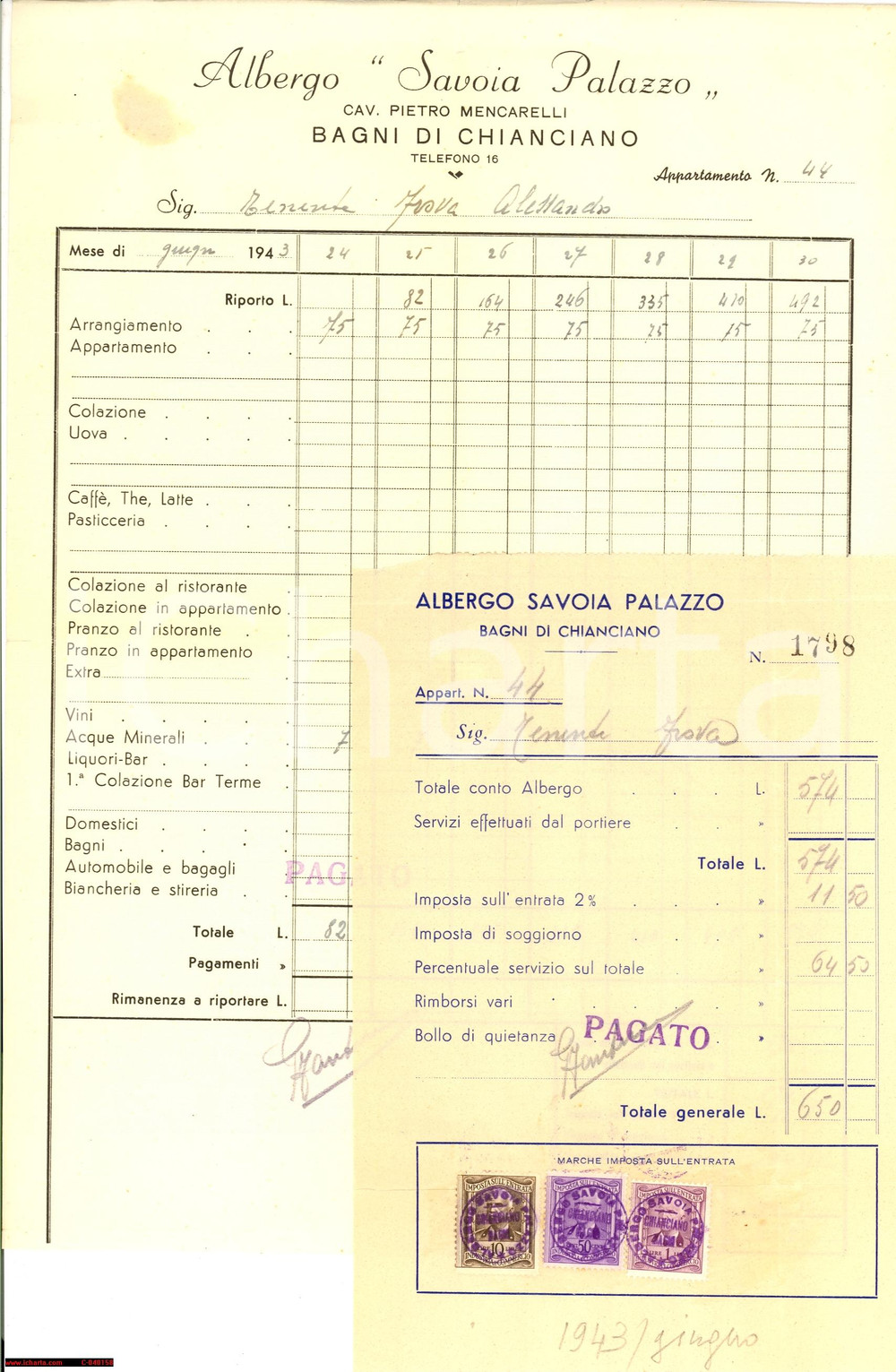 Documento originale, autentico 1943 CHIANCIANO TERME SI Albergo SAVOIA PALAZZO 1