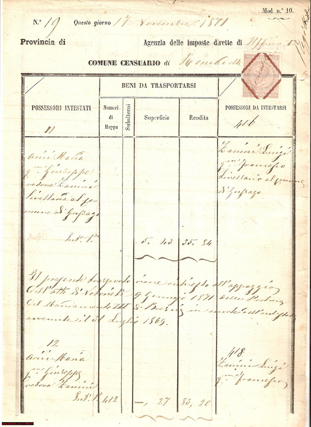 Documento originale, autentico 1871 GUSSAGO (BS) Passaggio di proprietÃ  Luigi ZANINI 1