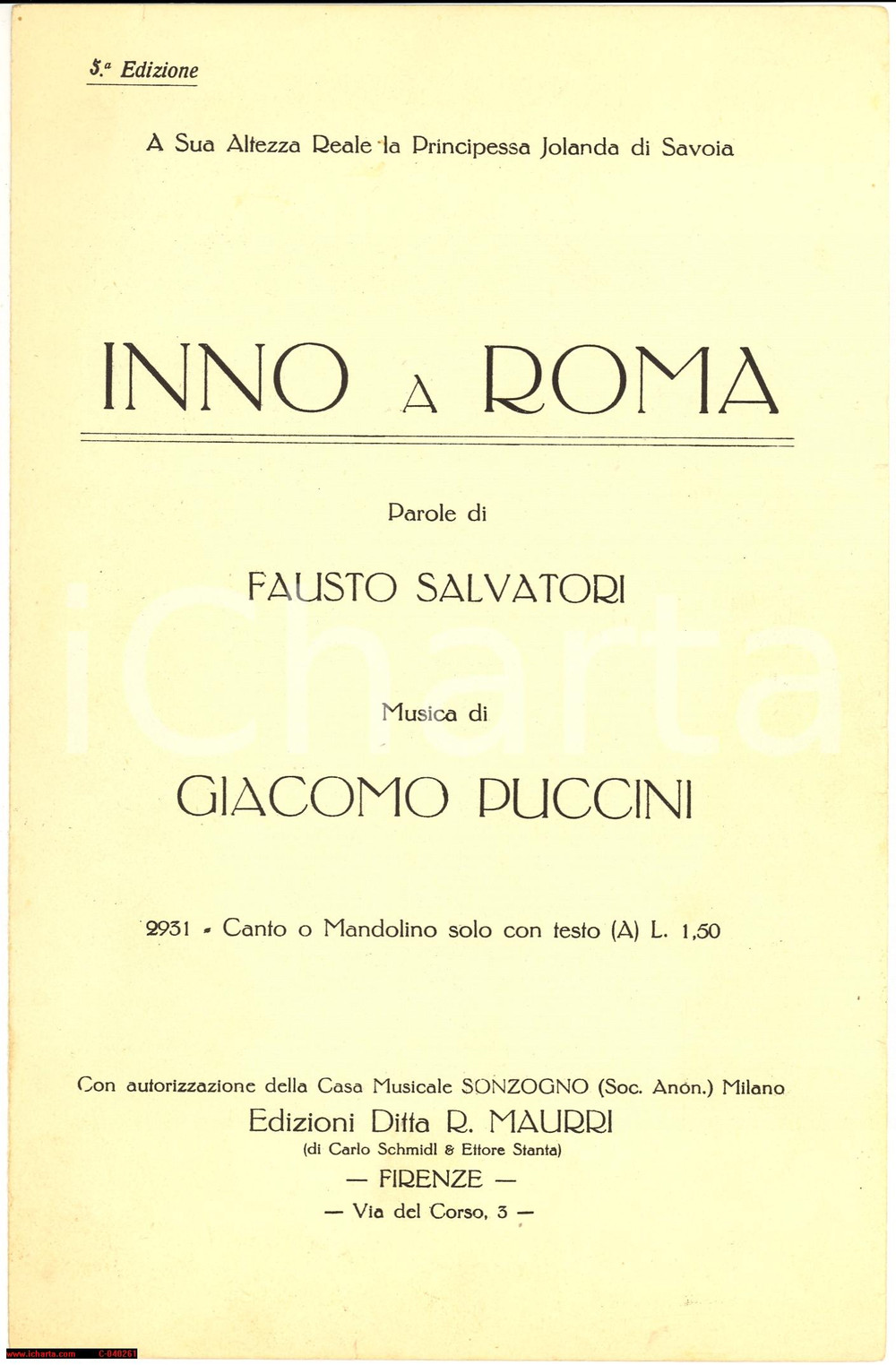 Oggetto da collezione cartaceo 1937 Giacomo PUCCINI  Fausto SALVATORI Inno a Roma 1