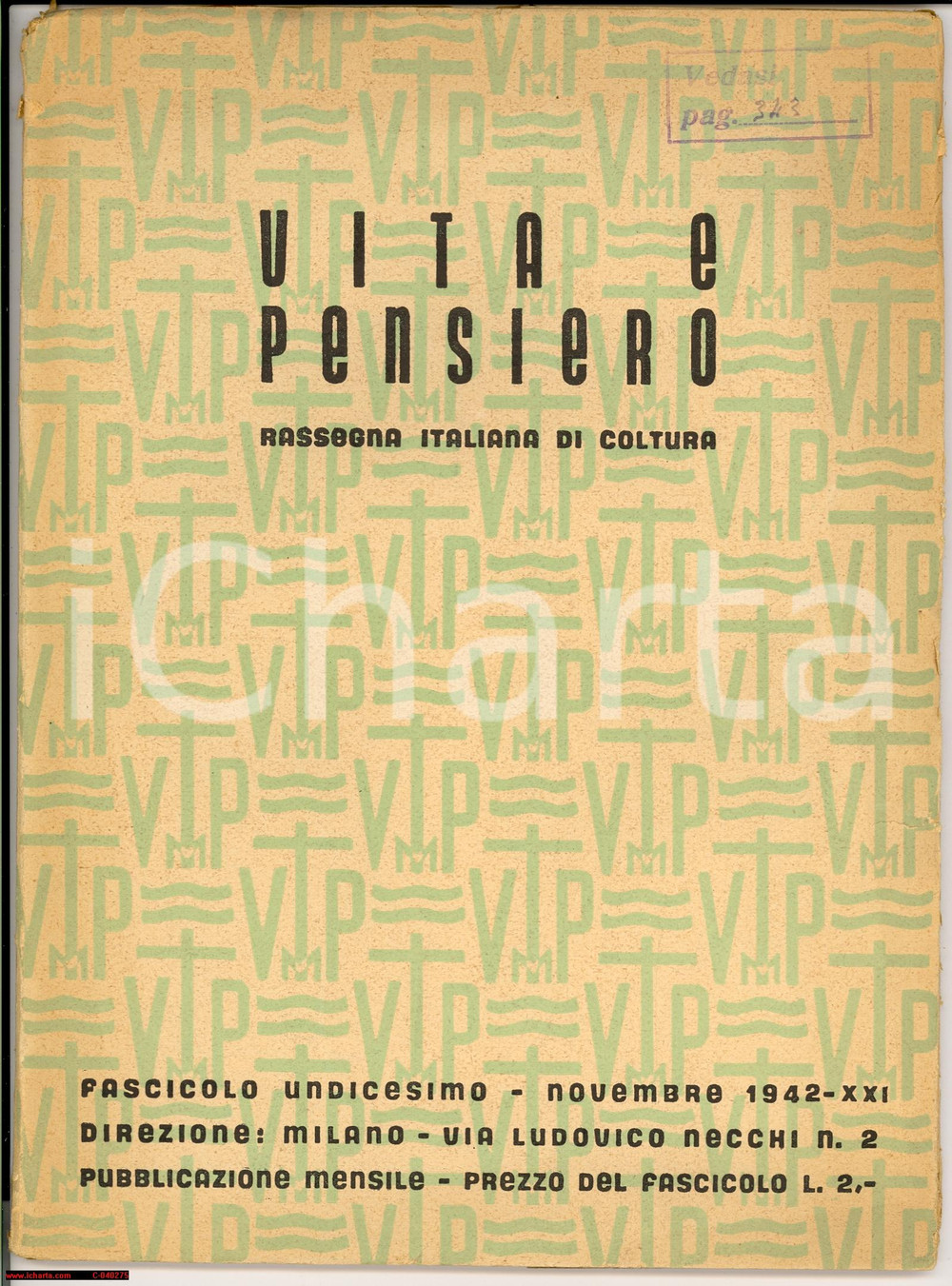 Giornale, rivista storica 1942 MILANO Vita e pensiero  n° 11  Rivista cattolica 1