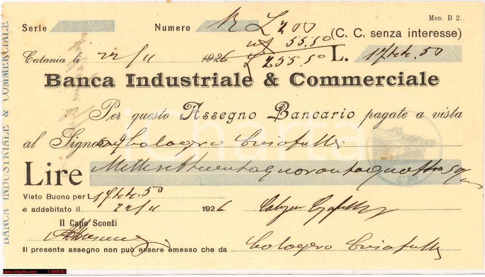 Oggetto da collezione cartaceo 1926 Catania BANCA INDUSTRIALE & COMMERCIALE assegno 1