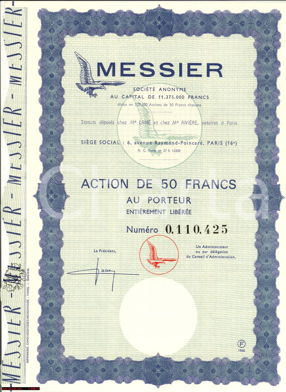 Oggetto da collezione cartaceo 1966 PARIS Action au porteur MESSIER Société Anonyme 1 1