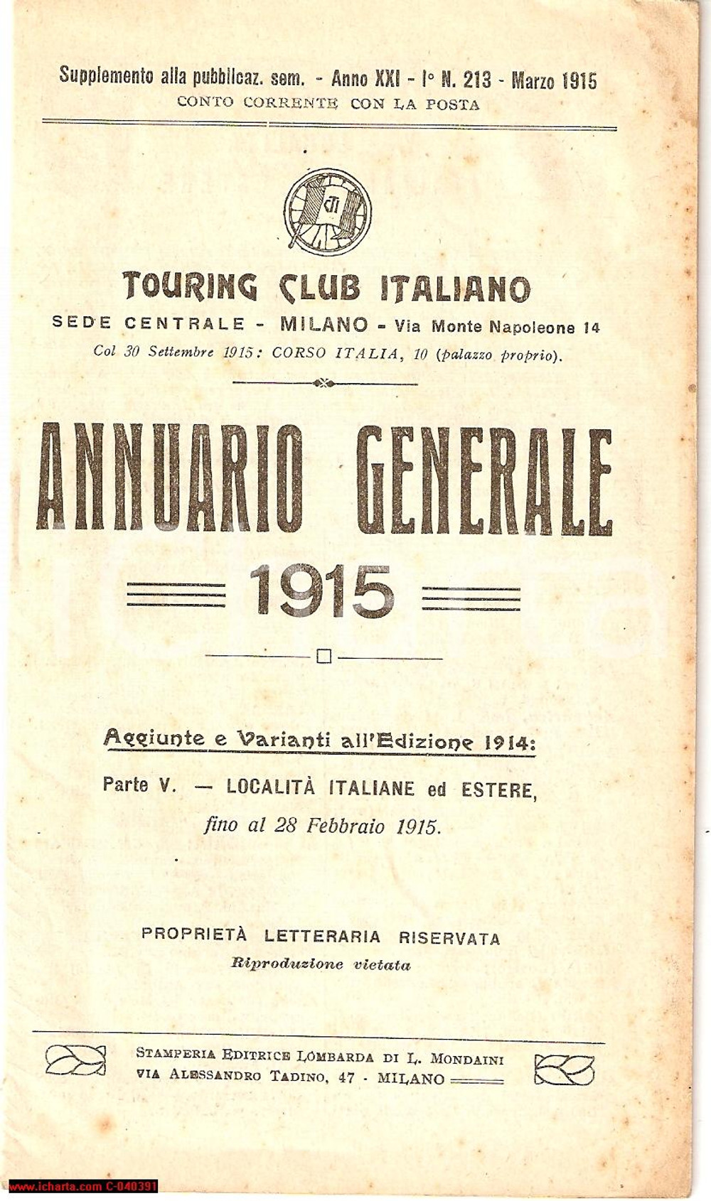 Libro, pubblicazione d epoca 1915 MILANO Annuario Generale TOURING CLUB Varianti 1