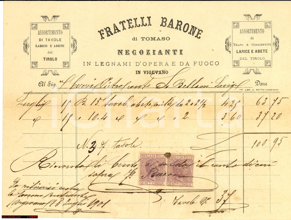 Oggetto da collezione cartaceo 1901 VIGEVANO Fratelli Barone legnami  fattura 1