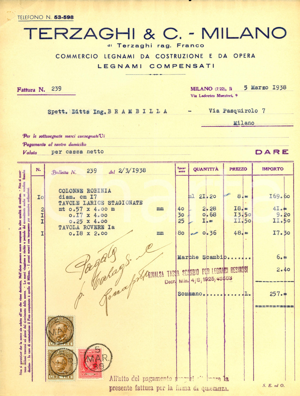 Documento originale, autentico 1938 MILANO Franco TERZAGHI & C. Commercio di legnami Fattura intestata 1