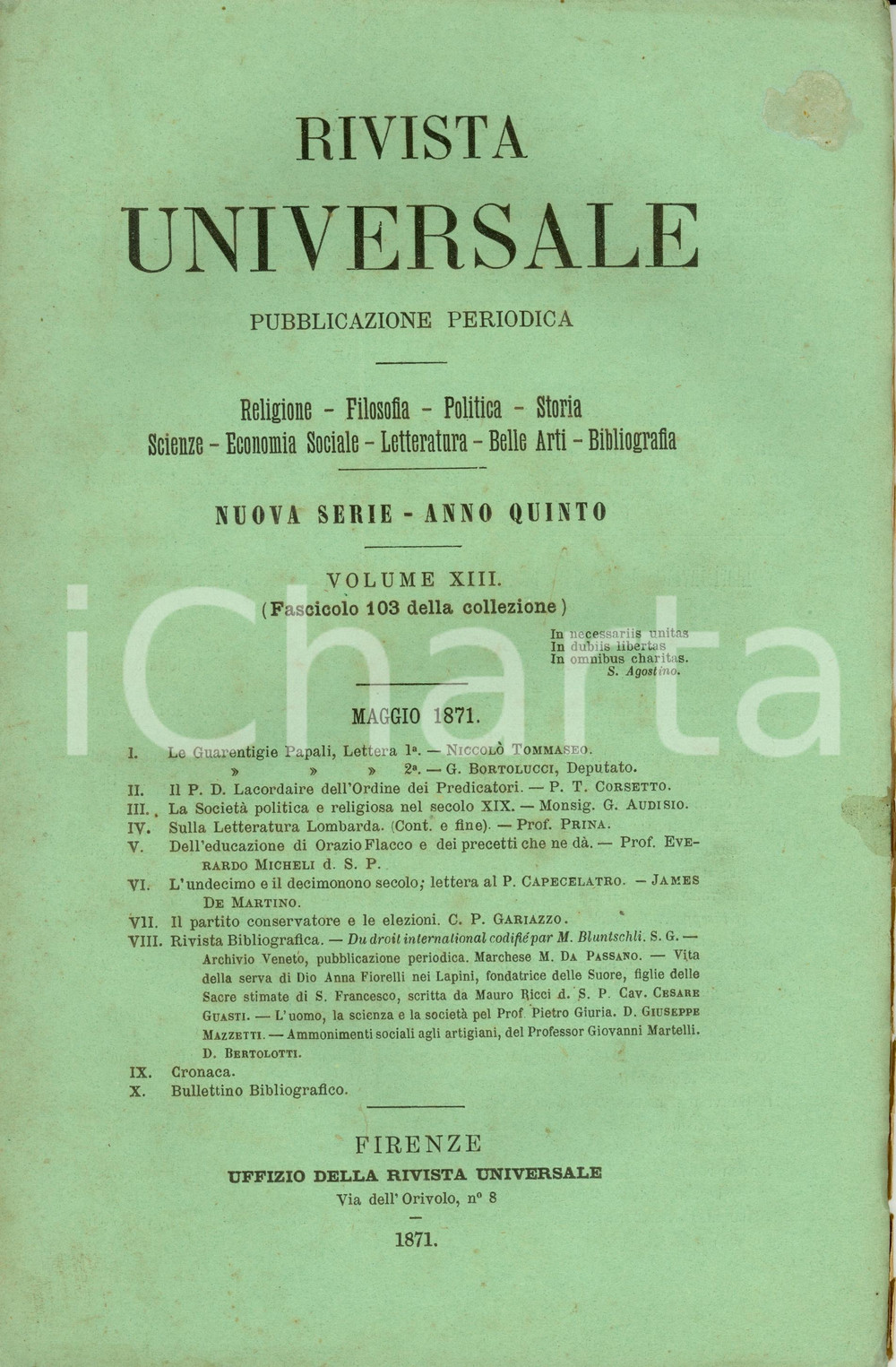 Giornale, rivista storica 1871 RIVISTA UNIVERSALE GUARENTIGIE PAPALI Due lettere  *Rivista Anno V nÂ° 103 1