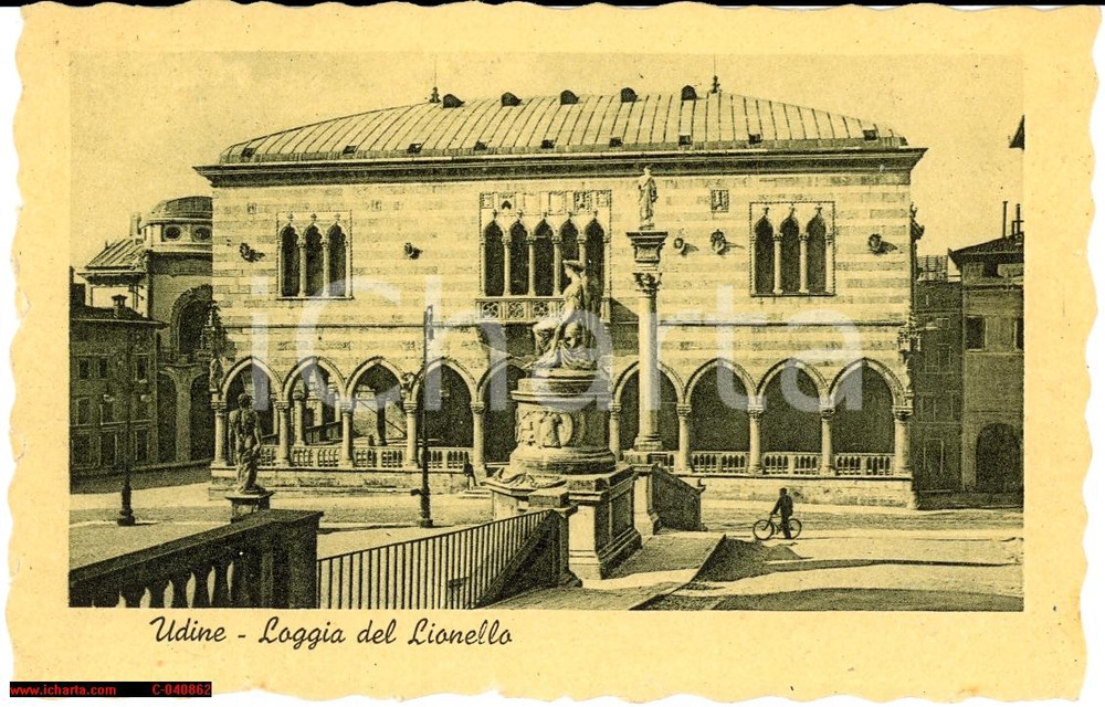 Cartolina originale da collezione 1946 Udine - Loggia Lionello *Animata con ciclista 1