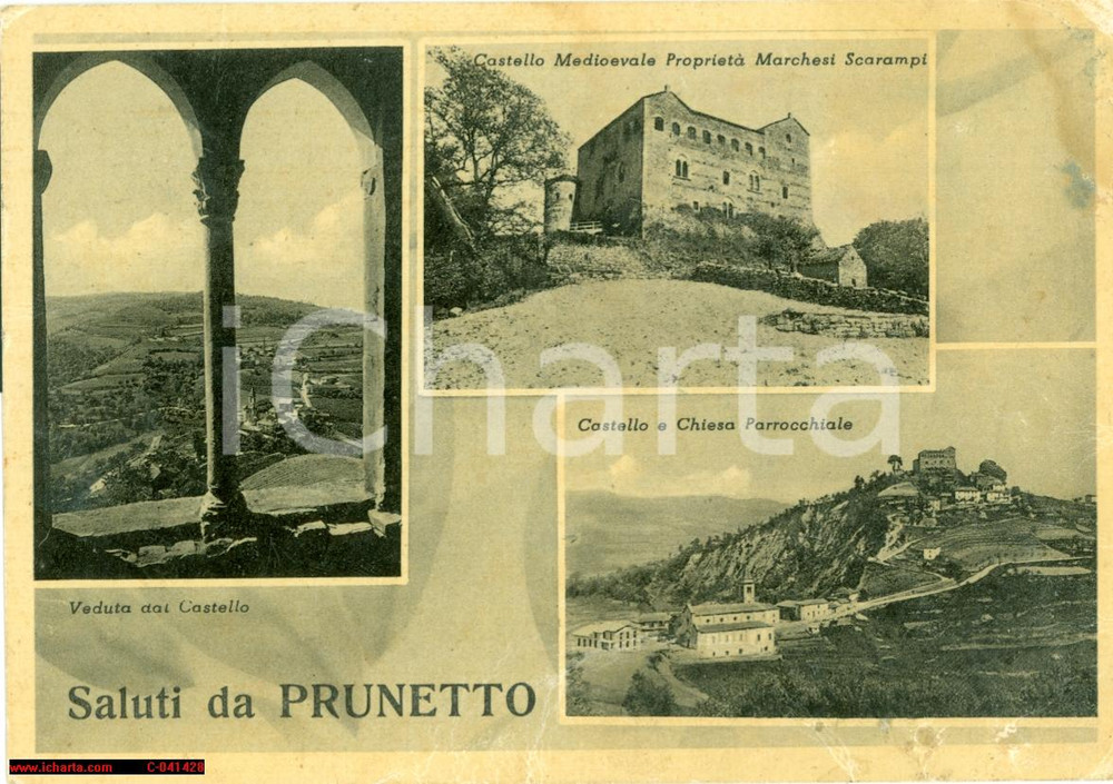 Cartolina originale da collezione 1955 PRUNETTO CN Vedutine Castello Chiesa parrocchiale 1