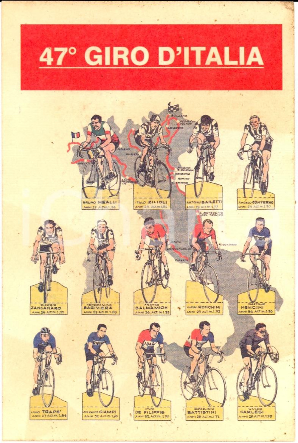 Cartolina originale da collezione 1964 47Â°GIRO D'ITALIA I concorrenti Cartolina FG NV 1