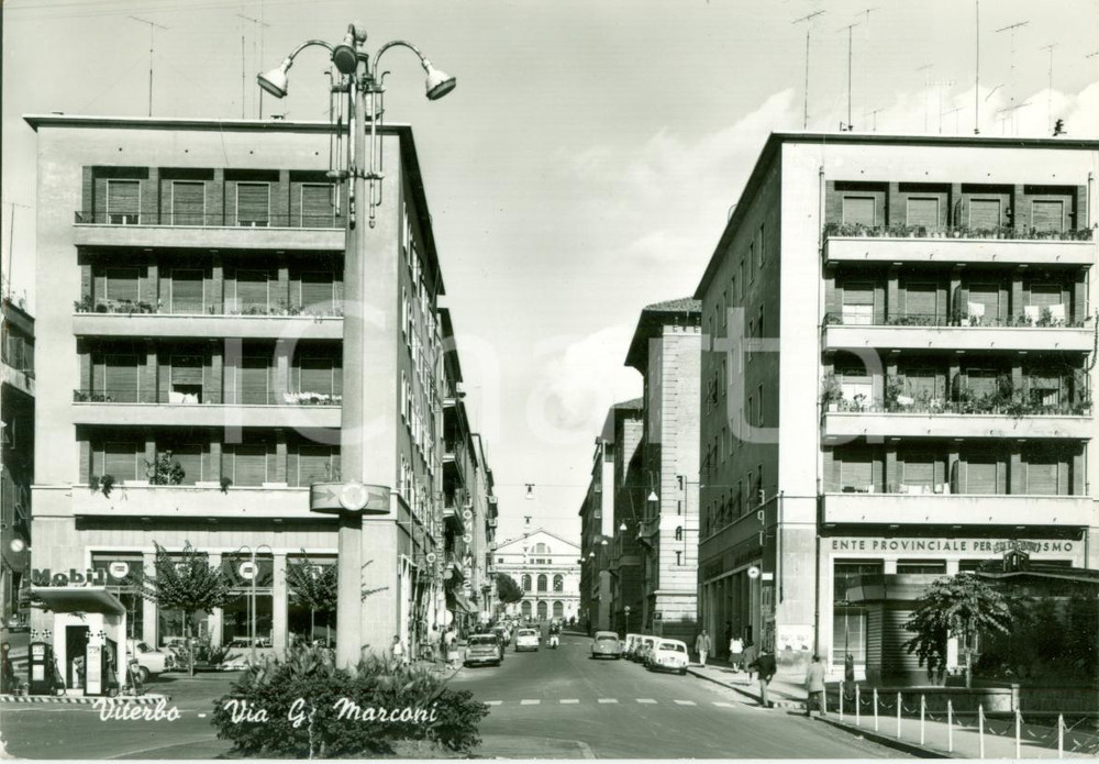 Cartolina originale da collezione 1965 VITERBO Via G. MARCONI Distributore MOBIL FG VG 1