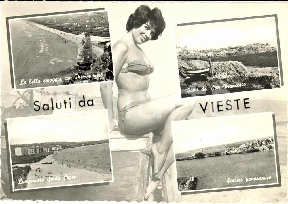 Cartolina originale da collezione 1961 VIESTE FG Vedutine e donna in costume FG VG 1