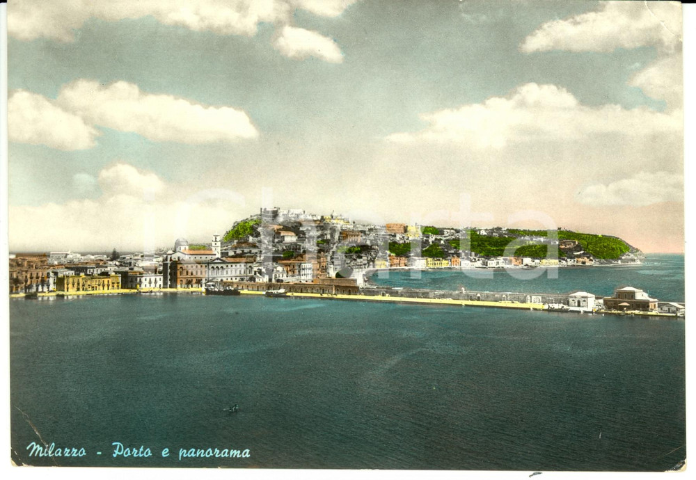 Cartolina originale da collezione 1957 MILAZZO (ME) Porto e panorama *Cartolina FG VG 1