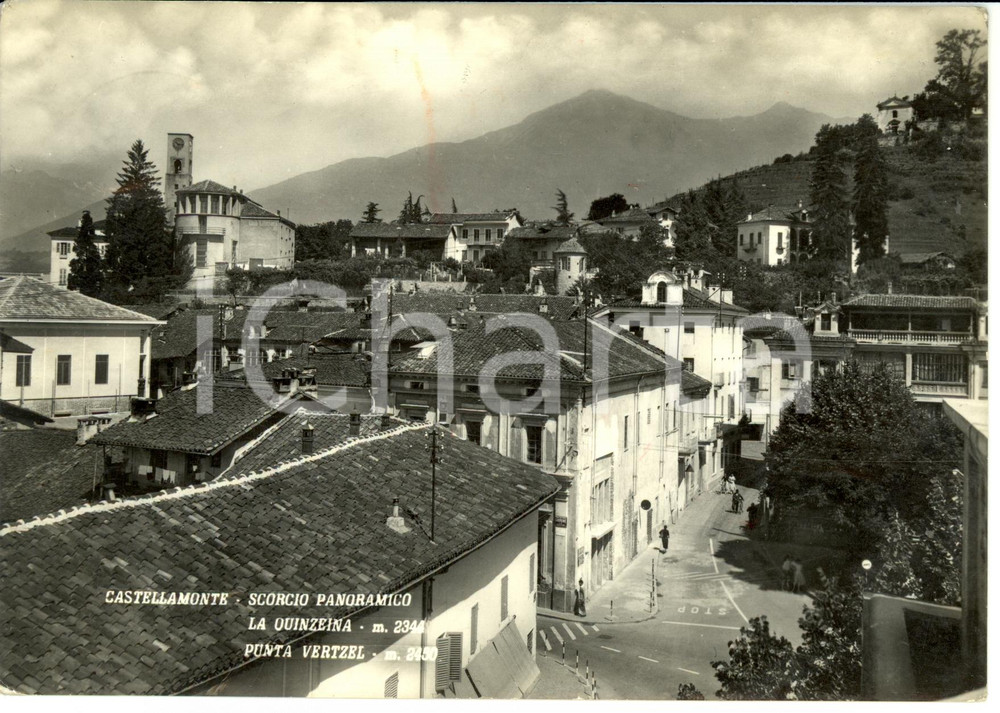 Cartolina originale da collezione 1958 CASTELLAMONTE (TO) Scorcio panoramico con QUINZEINA e PUNTA VERZEL *FG VG 1