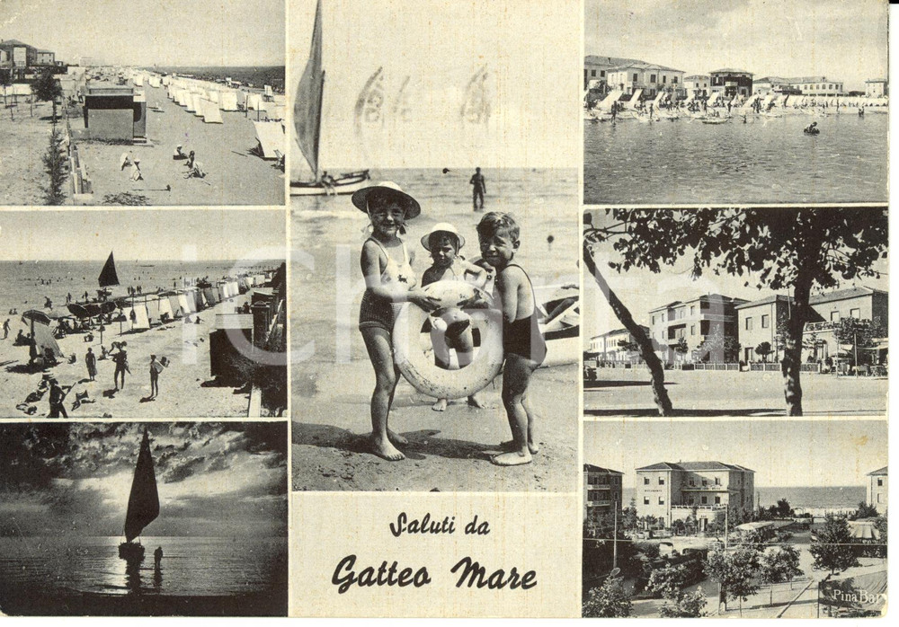 Cartolina originale da collezione 1957 GATTEO MARE FC Vedutine con spiaggia e PINA BAR FG VG 1