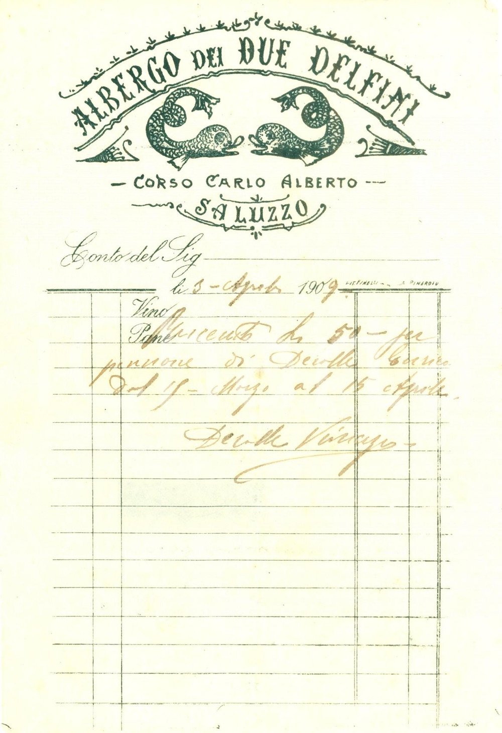 Documento originale, autentico 1909 SALUZZO (CN) Albergo DEI DUE DELFINI *Fattura commerciale 1