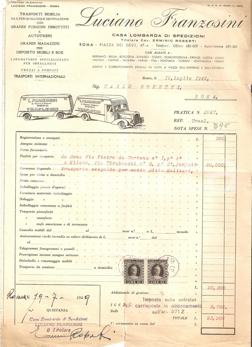 Documento originale, autentico 1949 ROMA Luciano FRANZOSINI SocietÃ  di trasporti Fattura ILLUSTRATA 1