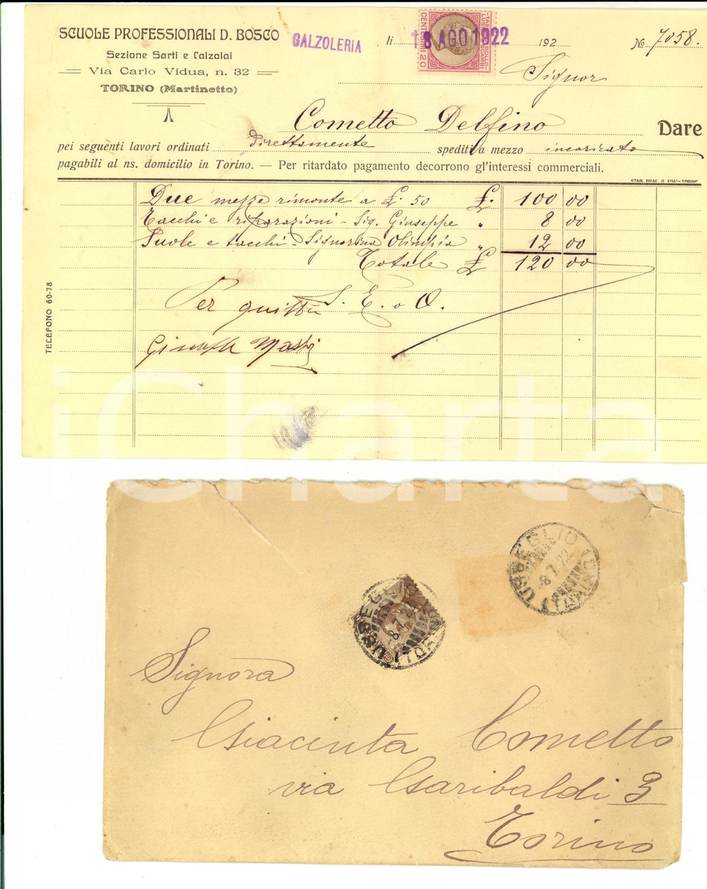 Documento originale, autentico 1922 TORINO Scuole professionali DON BOSCO Sezione sarti e calzolai *Fattura 1