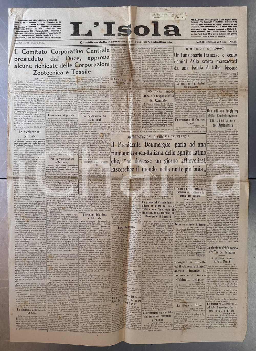 Giornale, rivista storica 1935 SASSARI Giornale L'ISOLA Riunione Corporazioni Zootecnia e Tessile marchi 1