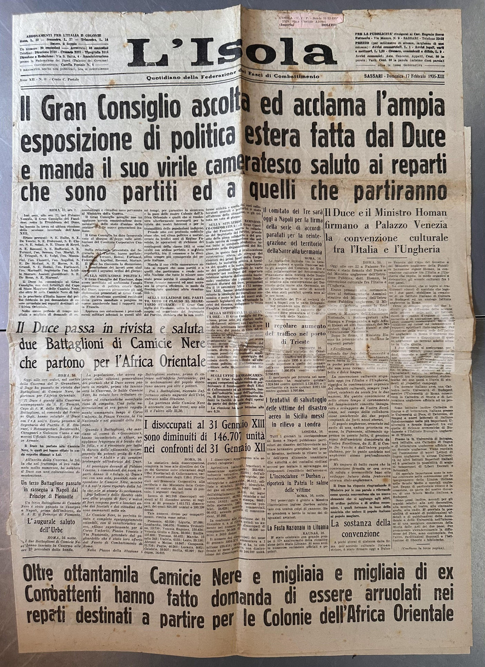 Giornale, rivista storica 1935 SASSARI Giornale L'ISOLA Partenza Camicie Nere AFRICA ORIENTALE DANNEGGIATO 1