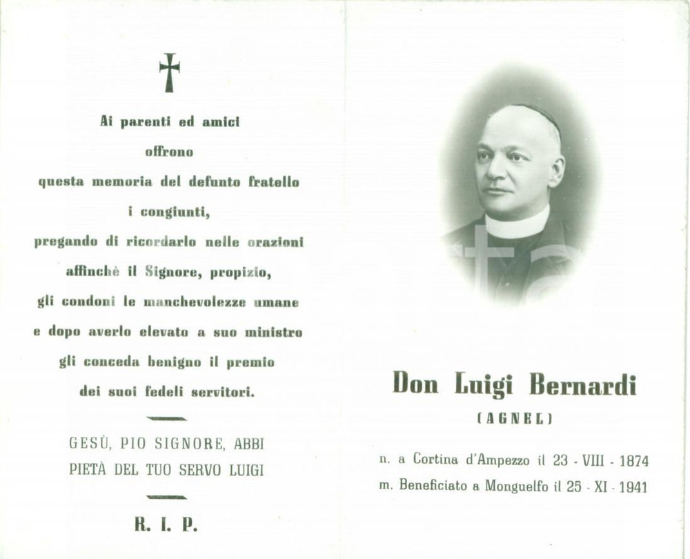 Oggetto da collezione cartaceo 1941 MONGUELFOTESIDO BZ Don Luigi BERNARDI detto AGNEL Santino con FOTO 1