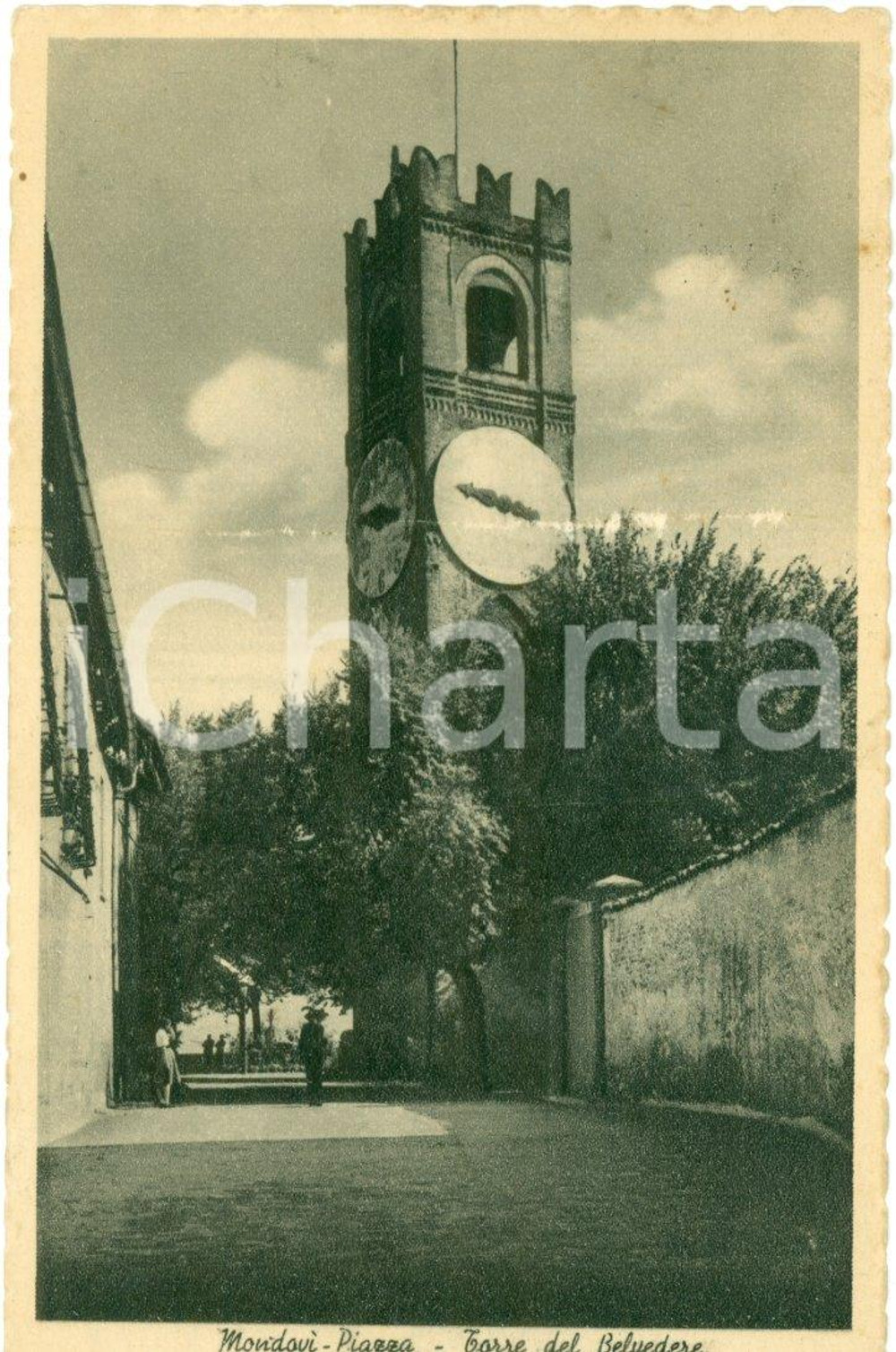 Cartolina originale da collezione 1938 MONDOVI' (CN) Piazza e Torre del BELVEDERE *Cartolina ANIMATA FP VG 1