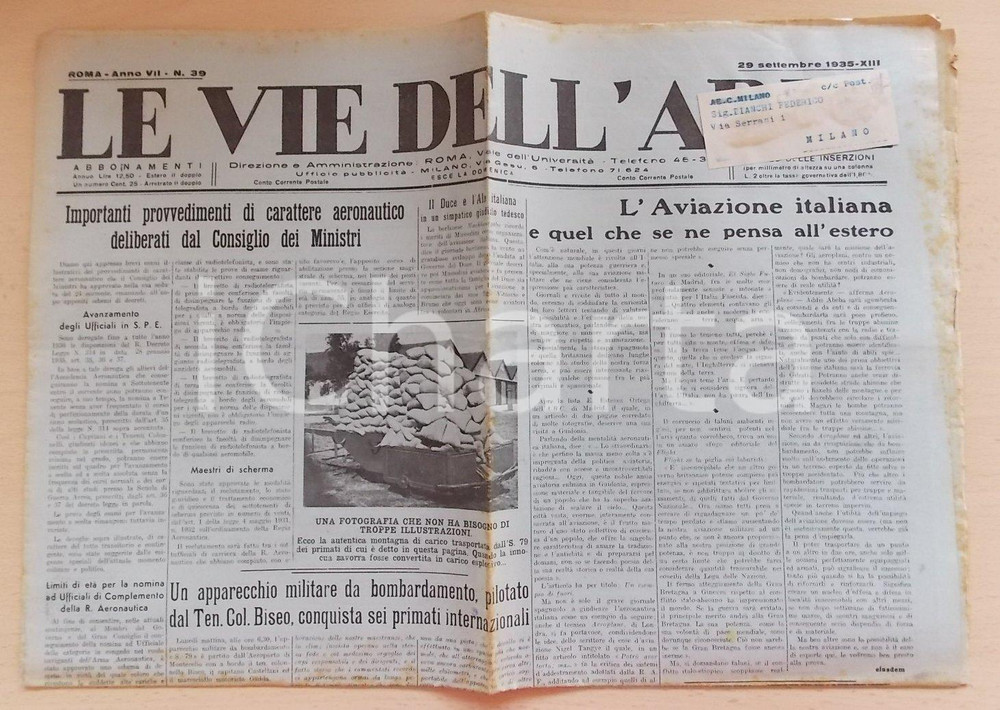 Giornale, rivista storica 1935 LE VIE DELL'ARIA Col. Attilio BISEO Sei primati aerei SAVOIA MARCHETTI 79 1