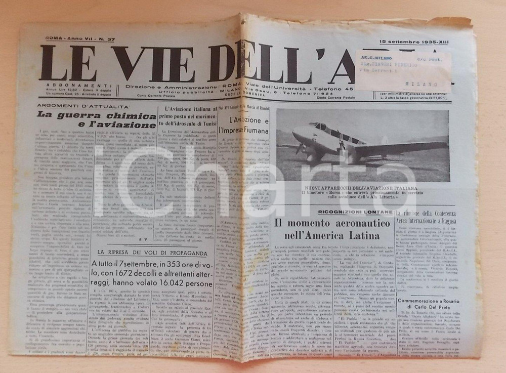 Giornale, rivista storica 1935 LE VIE DELL ARIA Guerra chimica e aviazione europea Giornale ILLUSTRATO 1