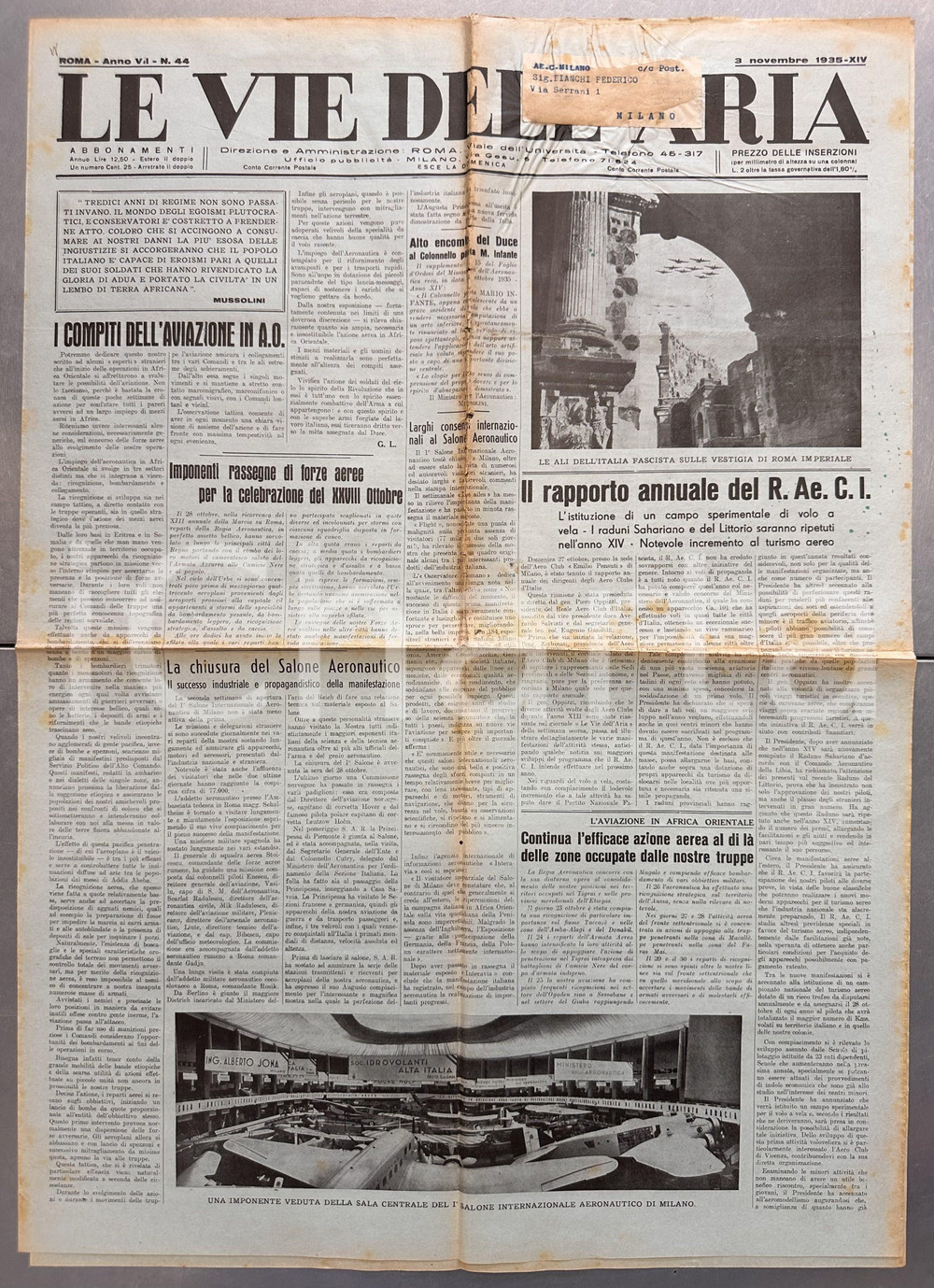 Giornale, rivista storica 1935 LE VIE DELL ARIA Sviluppo Aviazione Italiana in AFRICA ORIENTALE Giornale 1