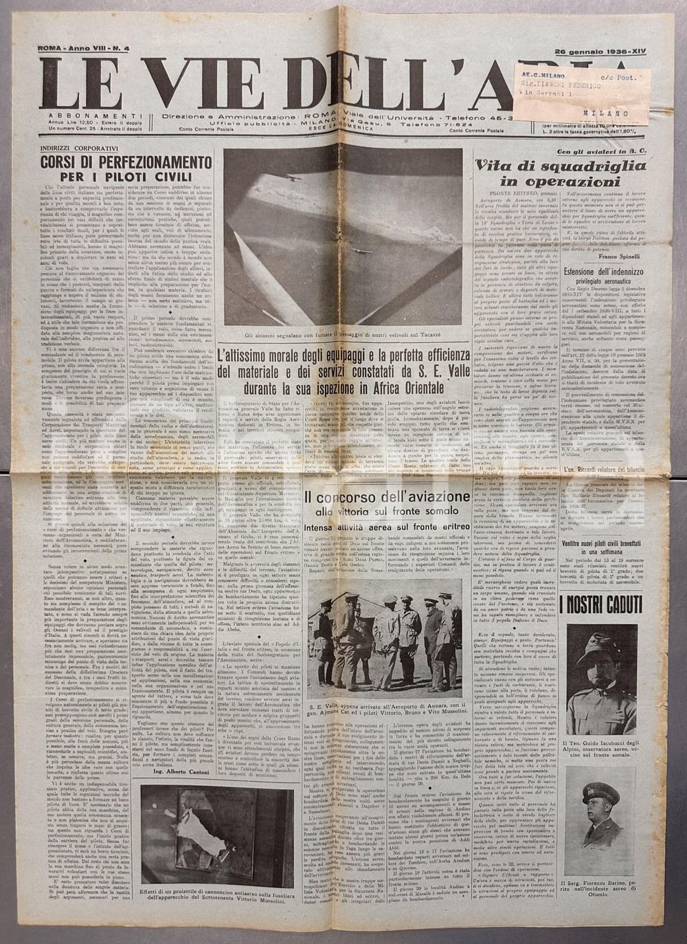 Giornale, rivista storica 1936 LE VIE DELL ARIA Gen. Giuseppe VALLE ispeziona aviazione AFRICA ORIENTALE 1