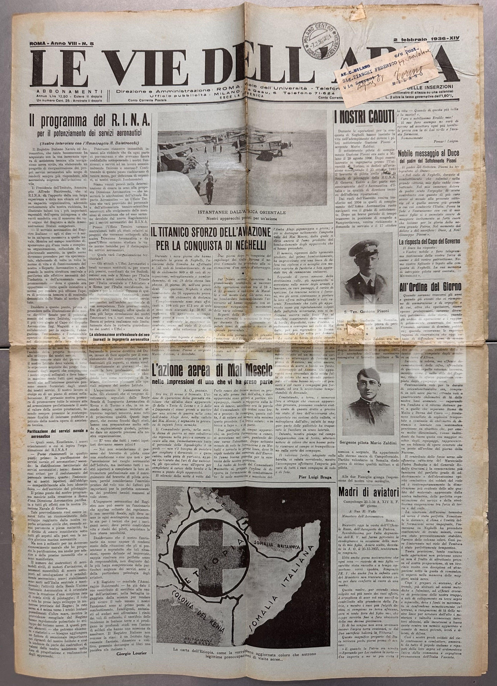 Giornale, rivista storica 1936 LE VIE DELL'ARIA Aviazione italiana conquista NEGHELLI e MAI MESCIC 1