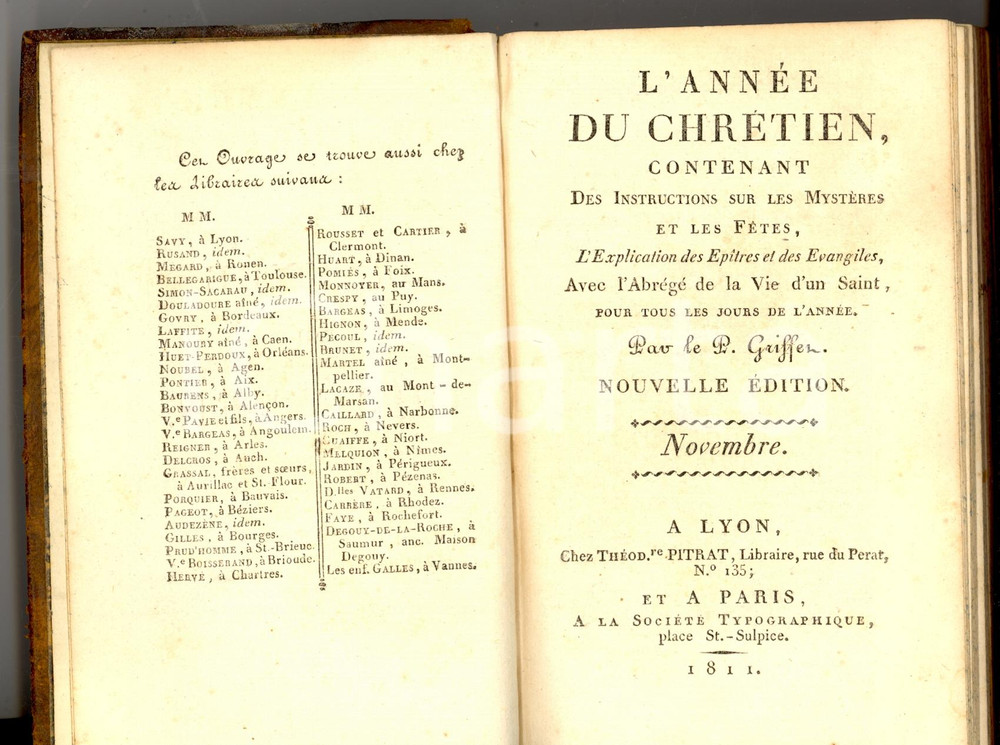 Libro, pubblicazione d'epoca 1811 Henri GRIFFET L'ANNEE DU CHRETIEN - Novembre *Ed. PITRAT - LYON 1