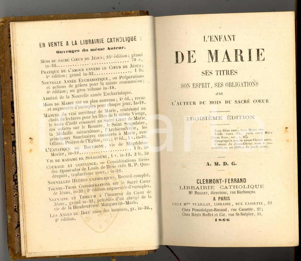 Libro, pubblicazione d'epoca 1866 L'ENFANT DE MARIE - Ses titres, son esprit, ses obligations 1