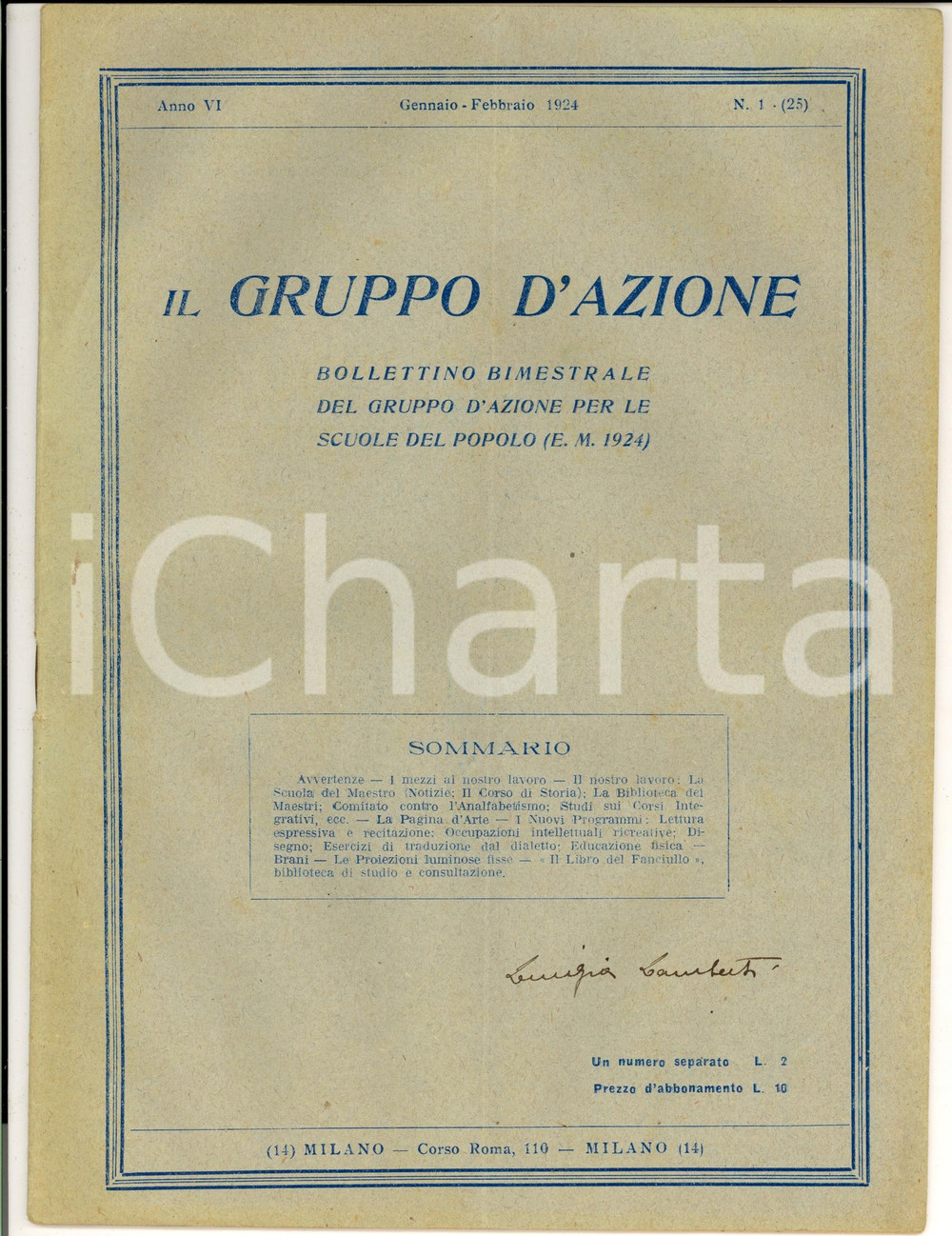 Giornale, rivista storica 1924 MILANO IL GRUPPO D AZIONE Contro l analfabetismo Rivista Anno VI n°1 1