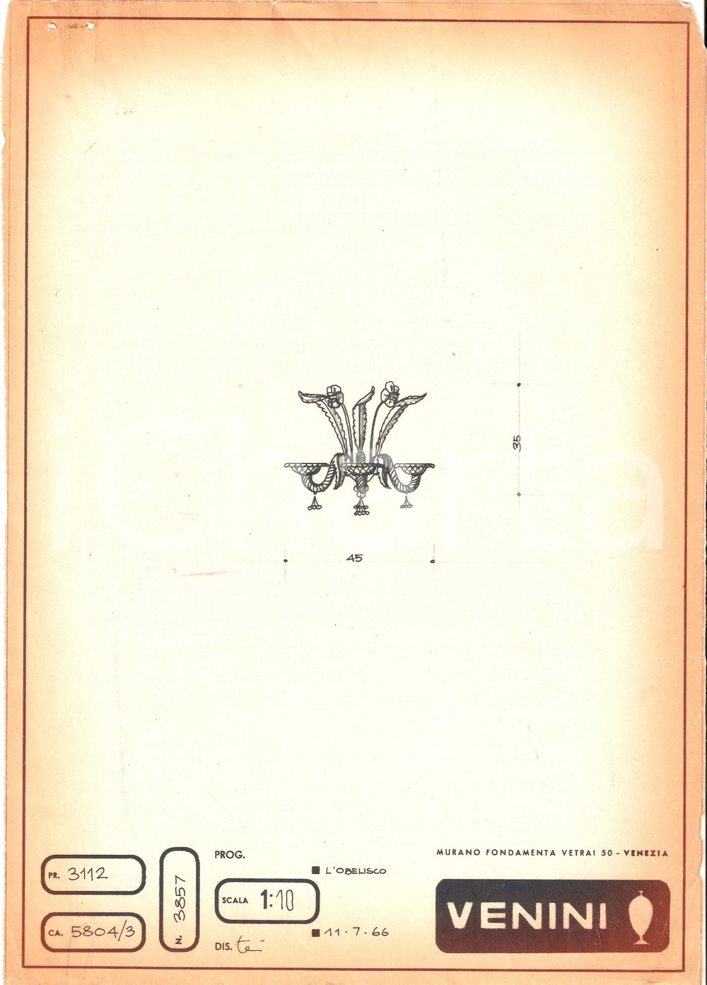 Materiale pubblicitario d’epoca 1960 ca MURANO VENEZIA Vetrai VENINI Disegno Lampada di vetro *Copia eliografica 1