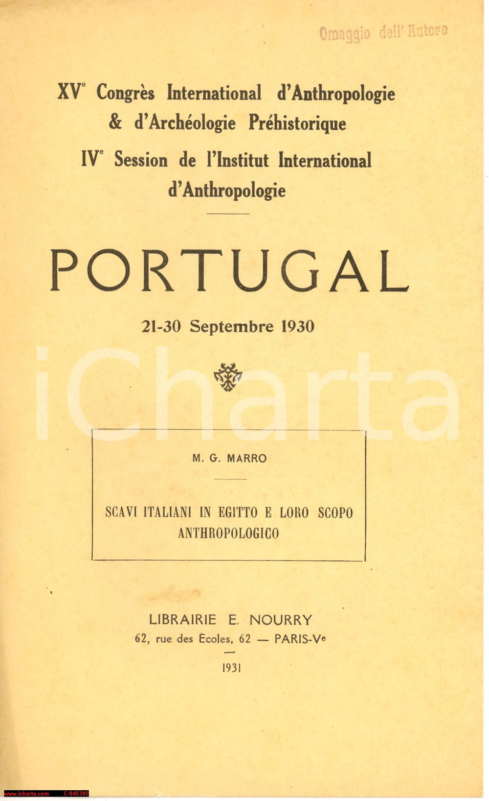 Libro, pubblicazione d epoca 1931 Giovanni MARRO Scavi italiani Egitto Relazione XV Congresso Antropologia 1