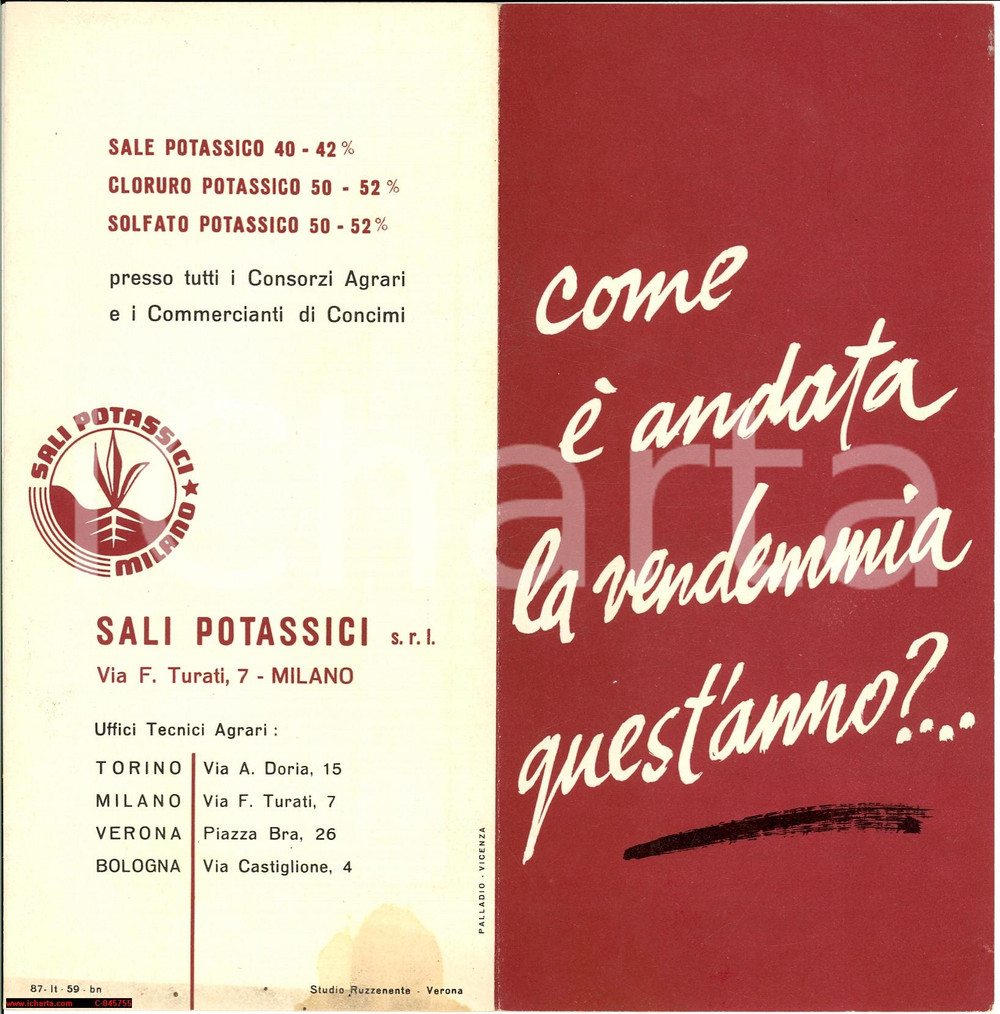 Materiale pubblicitario d’epoca 1959 MILANO Concimi SALI POTASSICI srl  - volantino 1
