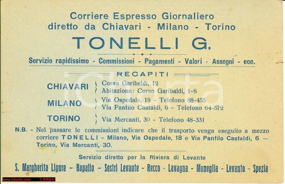 Materiale pubblicitario d’epoca 1940 ca CHIAVARI (GE) Corriere Espresso diretto TONELLI 1