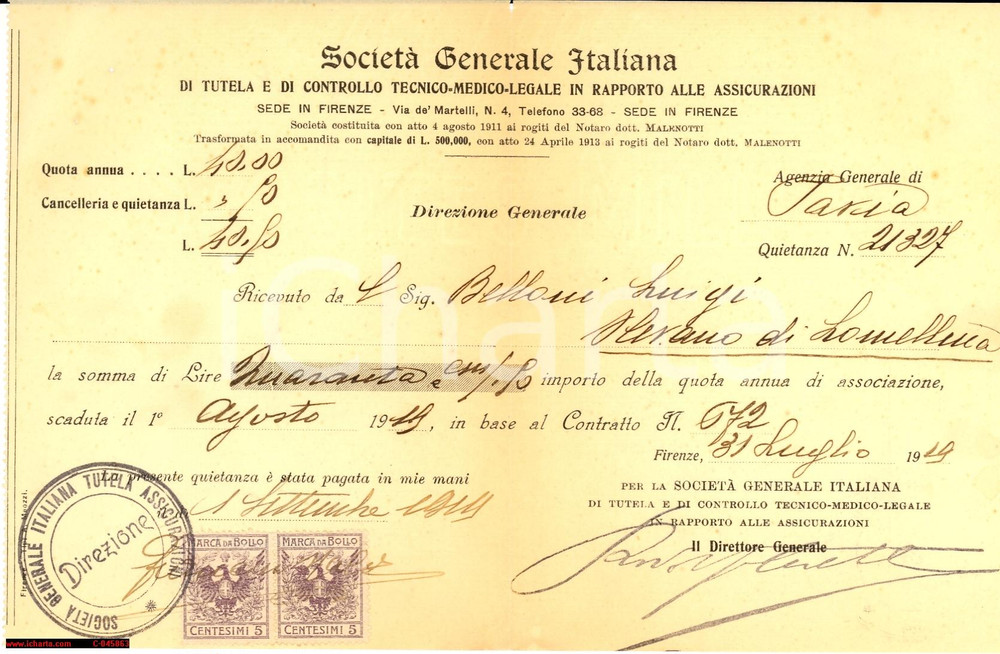 Documento originale, autentico 1919 OLEVANO LOMELLINA (PV) Assicurazione Luigi BELLONI 1