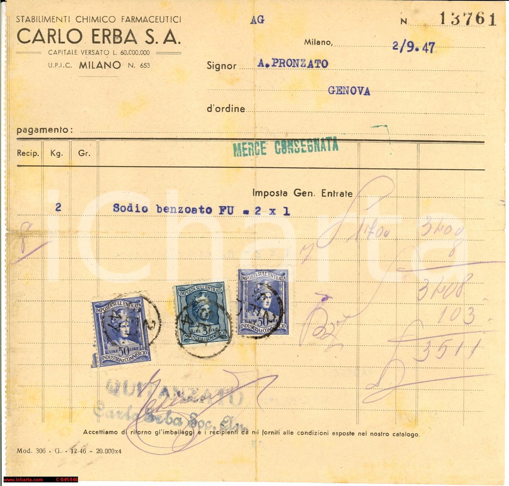 Documento originale, autentico 1947 MILANO Sodio benzoato Farmaceutici CARLO ERBA 1
