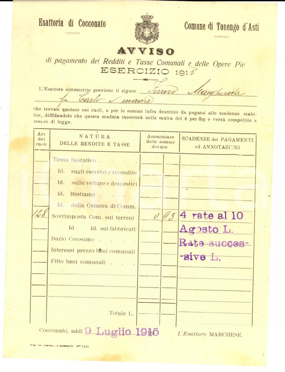 Documento originale, autentico 1915 TONENGO AT Avviso per pagamento redditi e censi Opere Pie 1