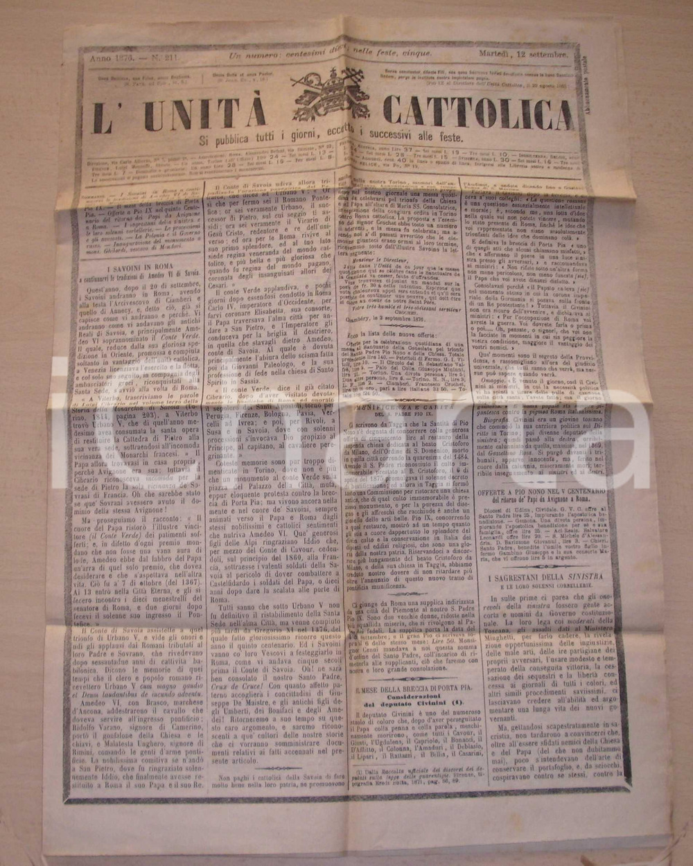 Giornale, rivista storica 1876 L UNITA  CATTOLICA Giornale I SAVOINI a ROMA 1