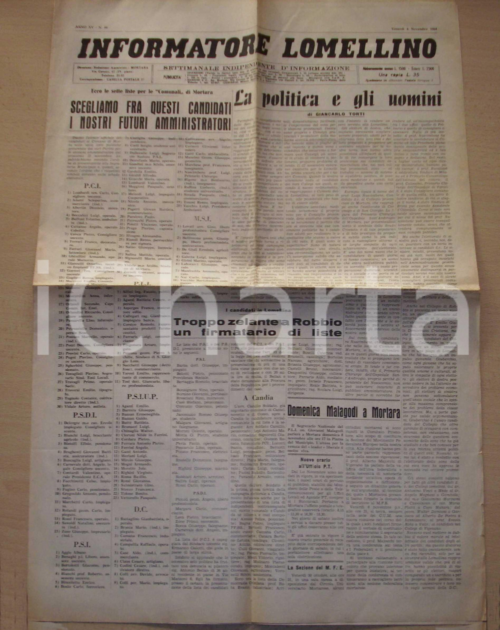 Giornale, rivista storica 1964 MORTARA Informatore LOMELLINO Elezioni Comunali 1