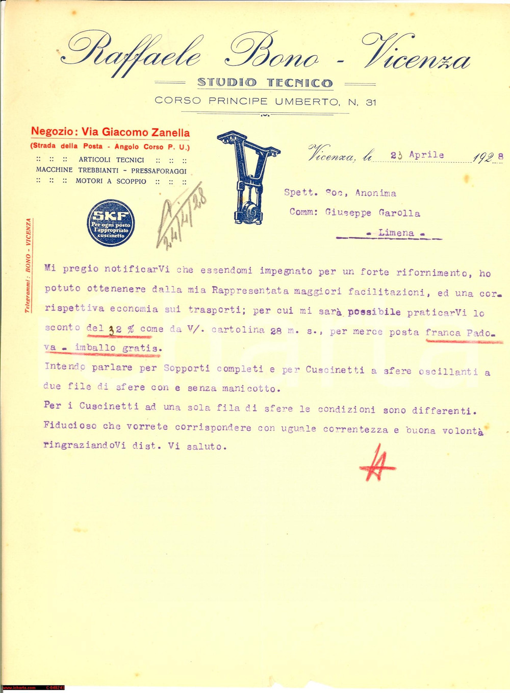 Documento originale, autentico 1928 VICENZA Raffaele BONO Macchine trebianti motori a scoppio  lettera 1