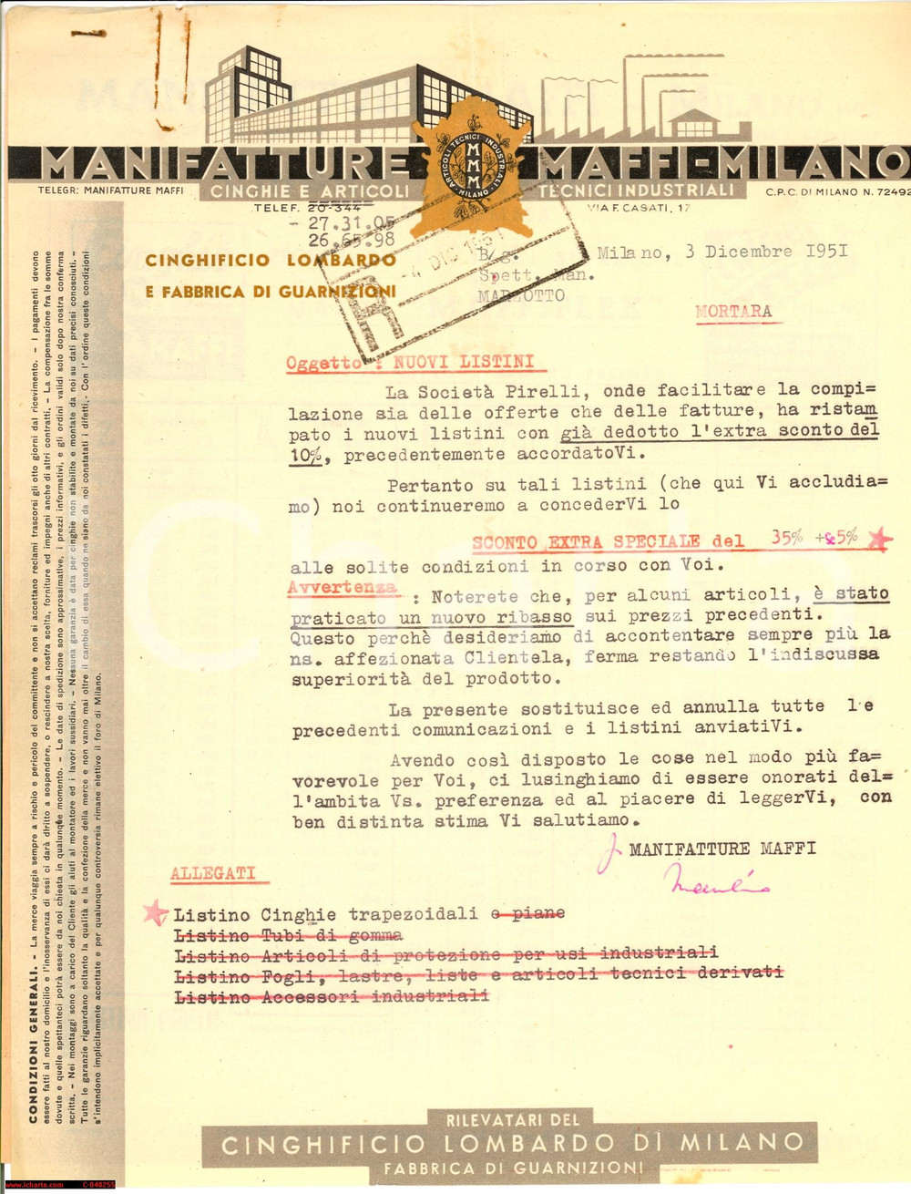 Documento originale, autentico 1951 MILANO  CINGHIFICIO MAFFI lettera e listino 1