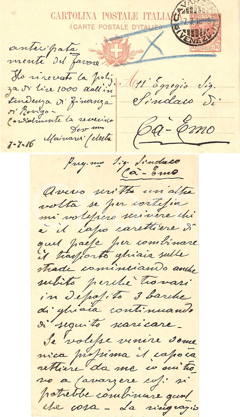 Cartolina originale da collezione 1916 CA' EMO (RO) MAINARVI carica ghiaia per lavori 1